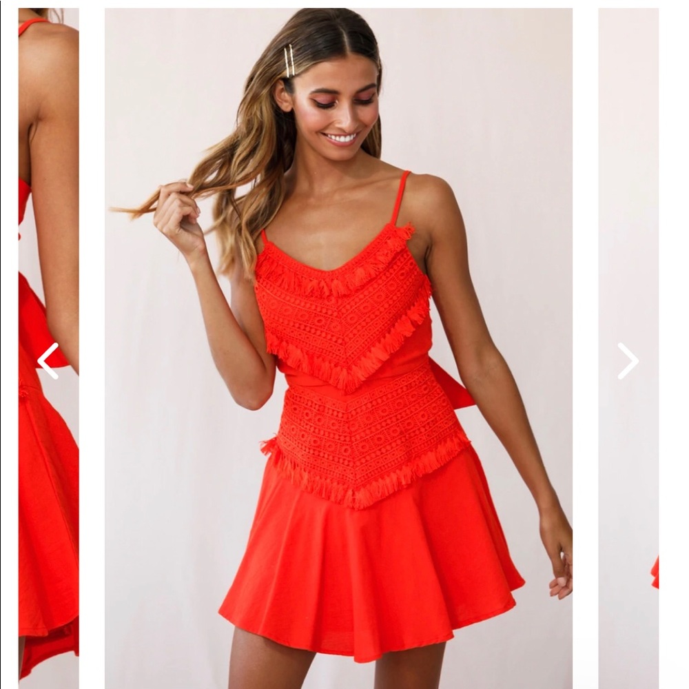 Selfie Leslie Tangerine sundress w/ lace and fringe 100% cotton